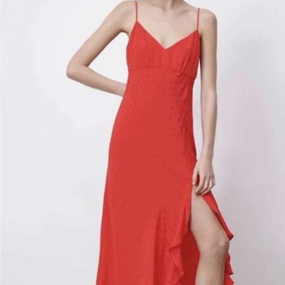 New ZARA JACQUARD DOTTED SLIP DRESS RUFFLE TRIM RED Size XS - Picture 2 of 12